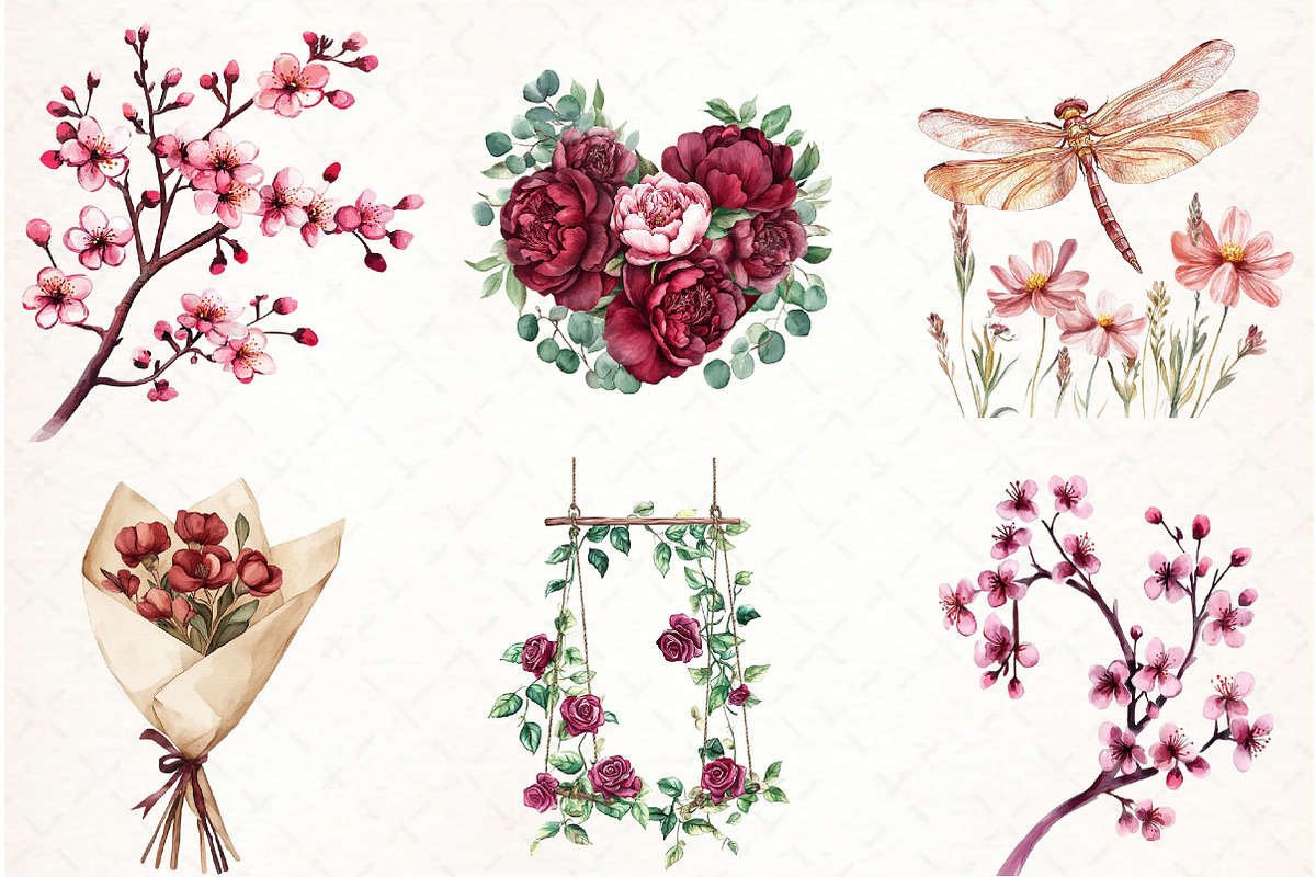 Burgundy Spring Sublimation Clipart, an Illustration by Watercolor design (Photo 3 of 4)