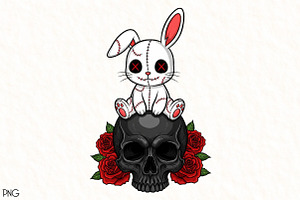 Cute White Bunny with Skull Clipart, an Illustration by Black Bird Studio