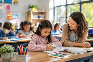Teacher helps student in classroom, a Photo by Beautiful things