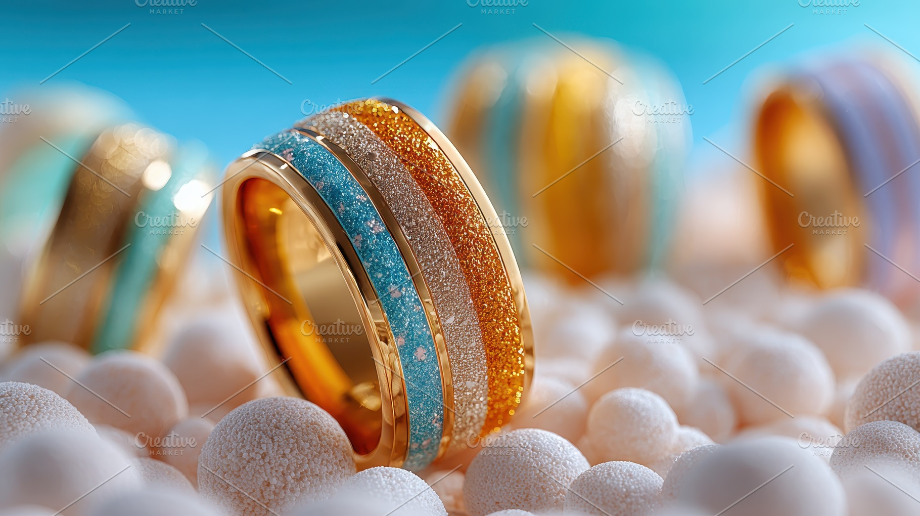 Gold rings with colorful glitter str, a Photo by Pixeness Studio
