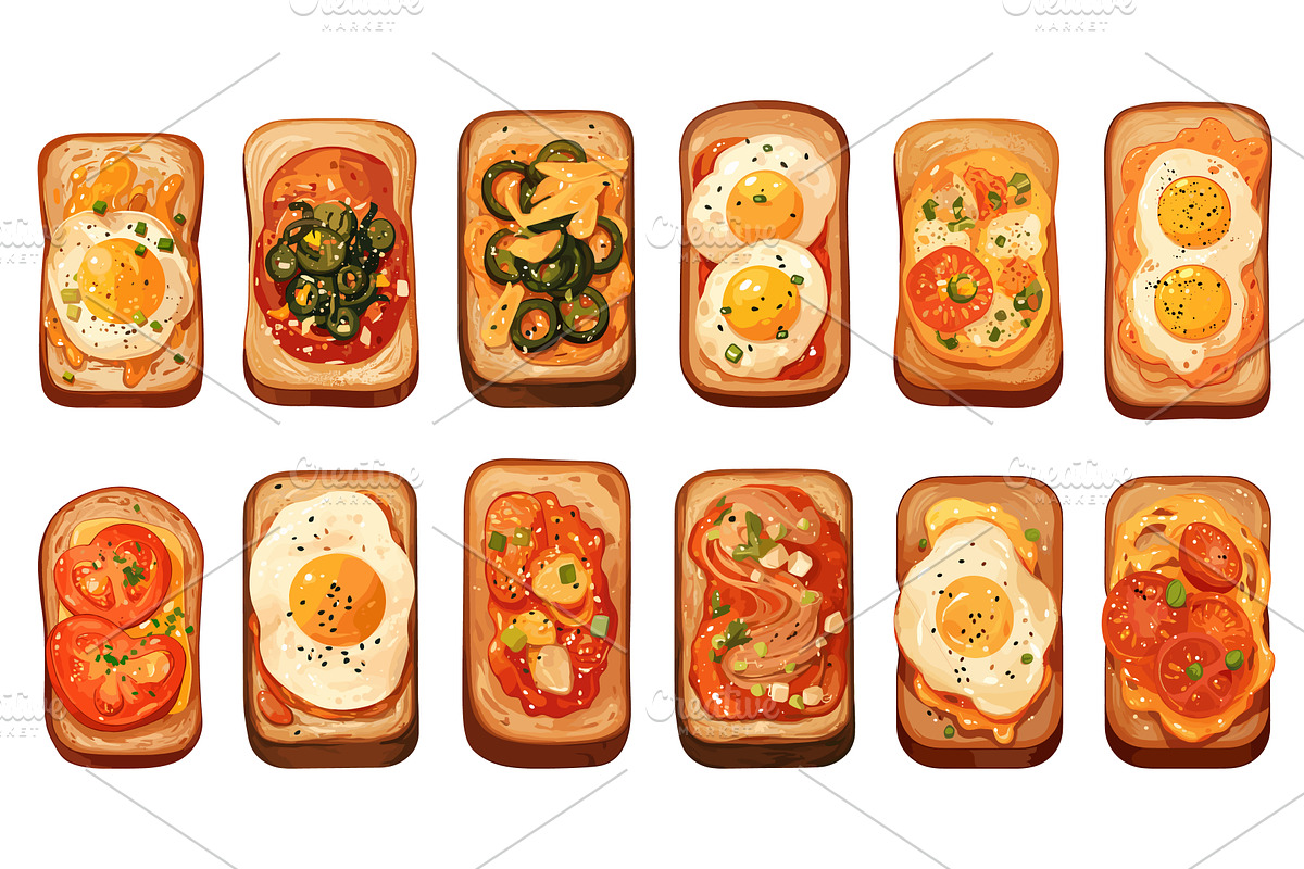 Set of toasts on bread with various, a Food Illustration by LadadikArt