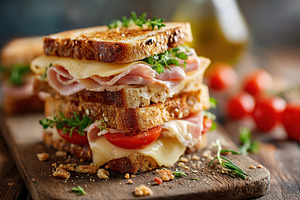 Gourmet sandwiches stacked high with golden melted cheese and fresh ingredients, a Food & Drink Photo by AlyaAnd