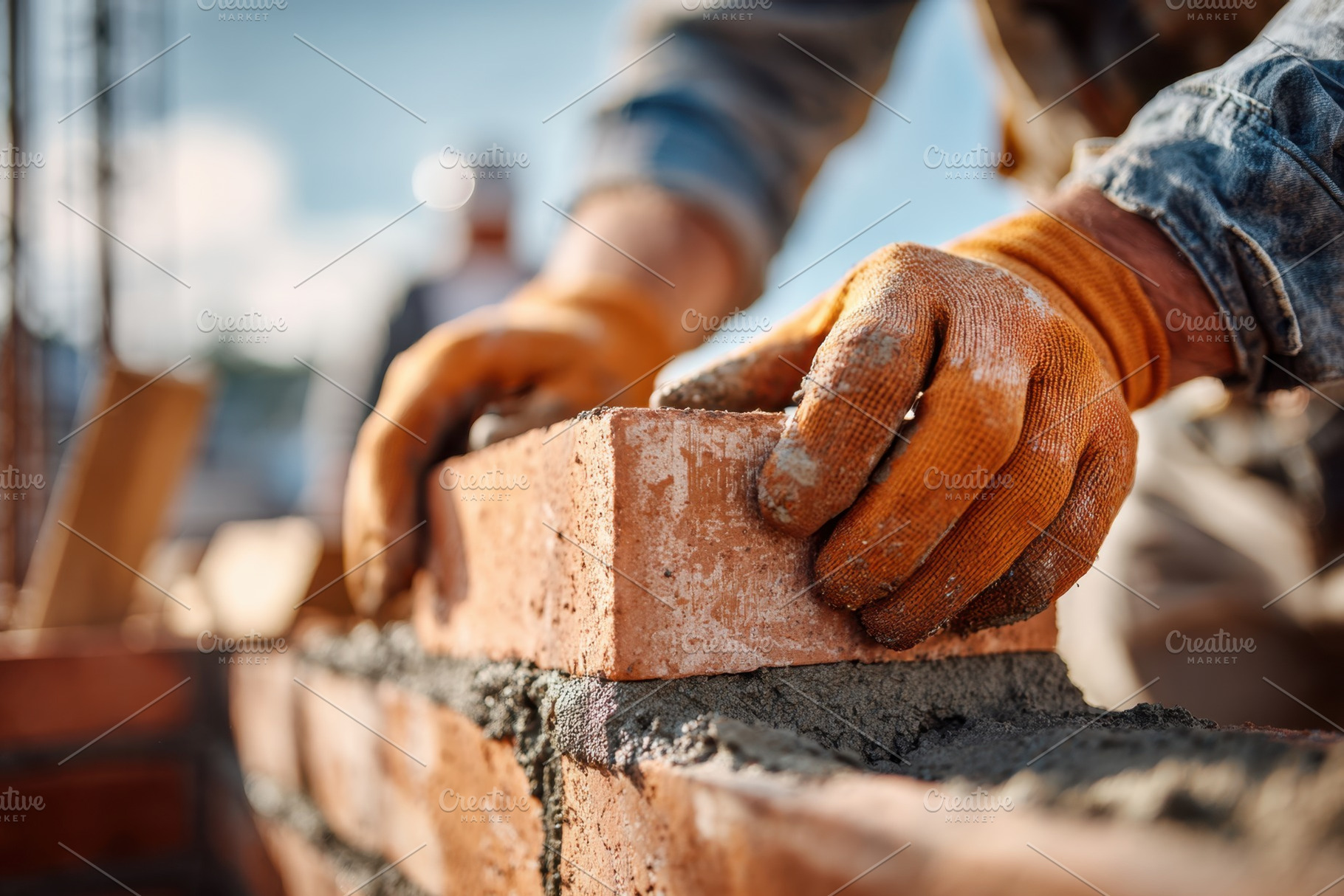 Construction workers are building a brick wall with mortar, focusing on precisi, an Industrial Photo by AlyaAnd