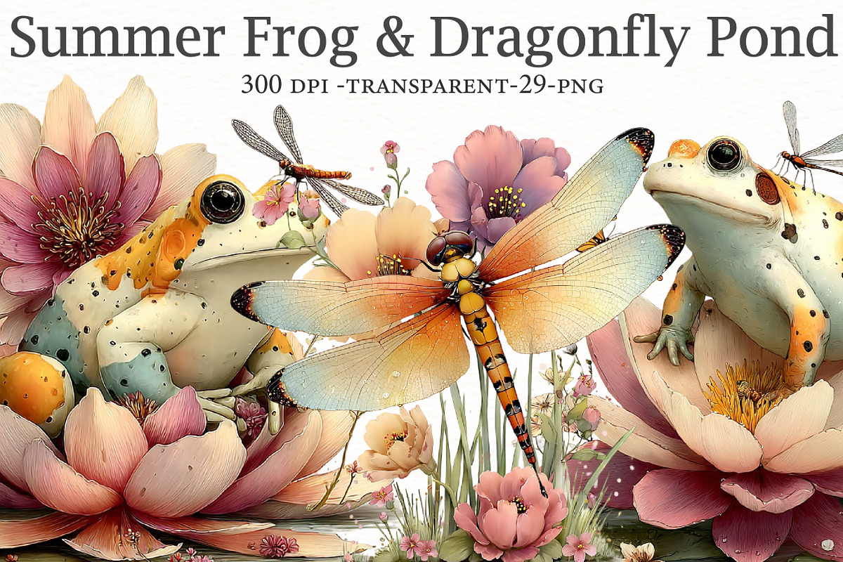 Summer Frog & Dragonfly Pond Clipart, a Seasonal Illustration by Designworld (Photo 1 of 10)