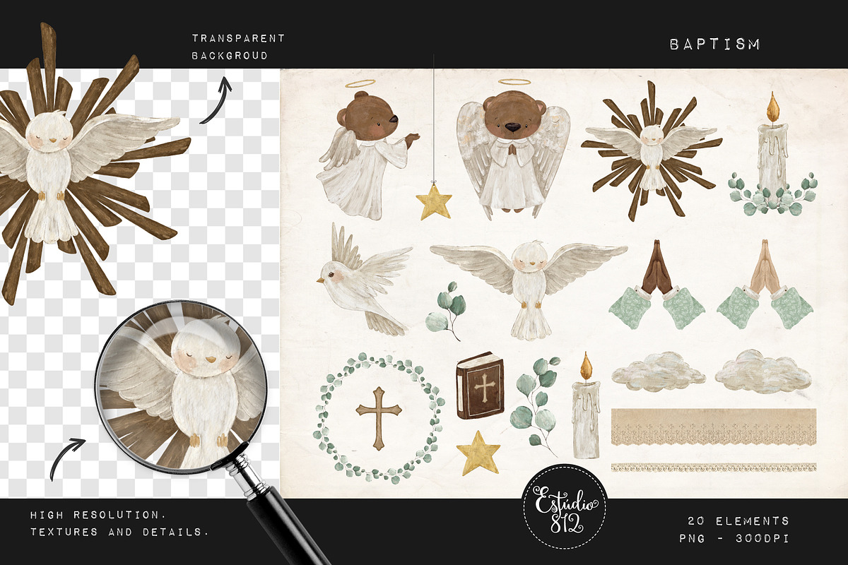 Baptism vintage clipart set, an Animal Illustration by Estudio 812 (Photo 2 of 6)