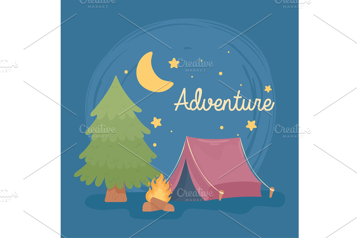 adventure camping night, an Illustration by studiogstock
