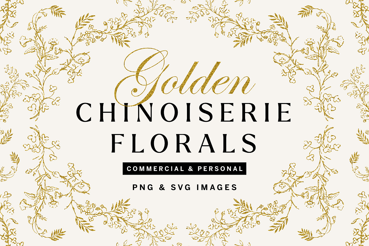 Gold Chinoiserie Floral Clipart Pack, a Decorative Illustration by Century Library (Photo 1 of 11)