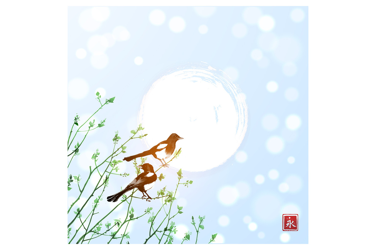 Japanese ink painting sumi-e. Birds., an Animal Illustration by Elina_Li (Photo 13 of 25)