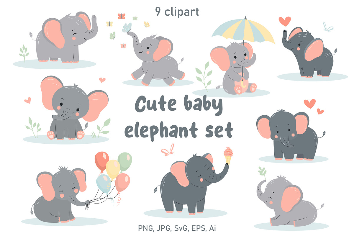 Cute baby elephant set, an Animal Illustration by JulyGart (Photo 1 of 5)