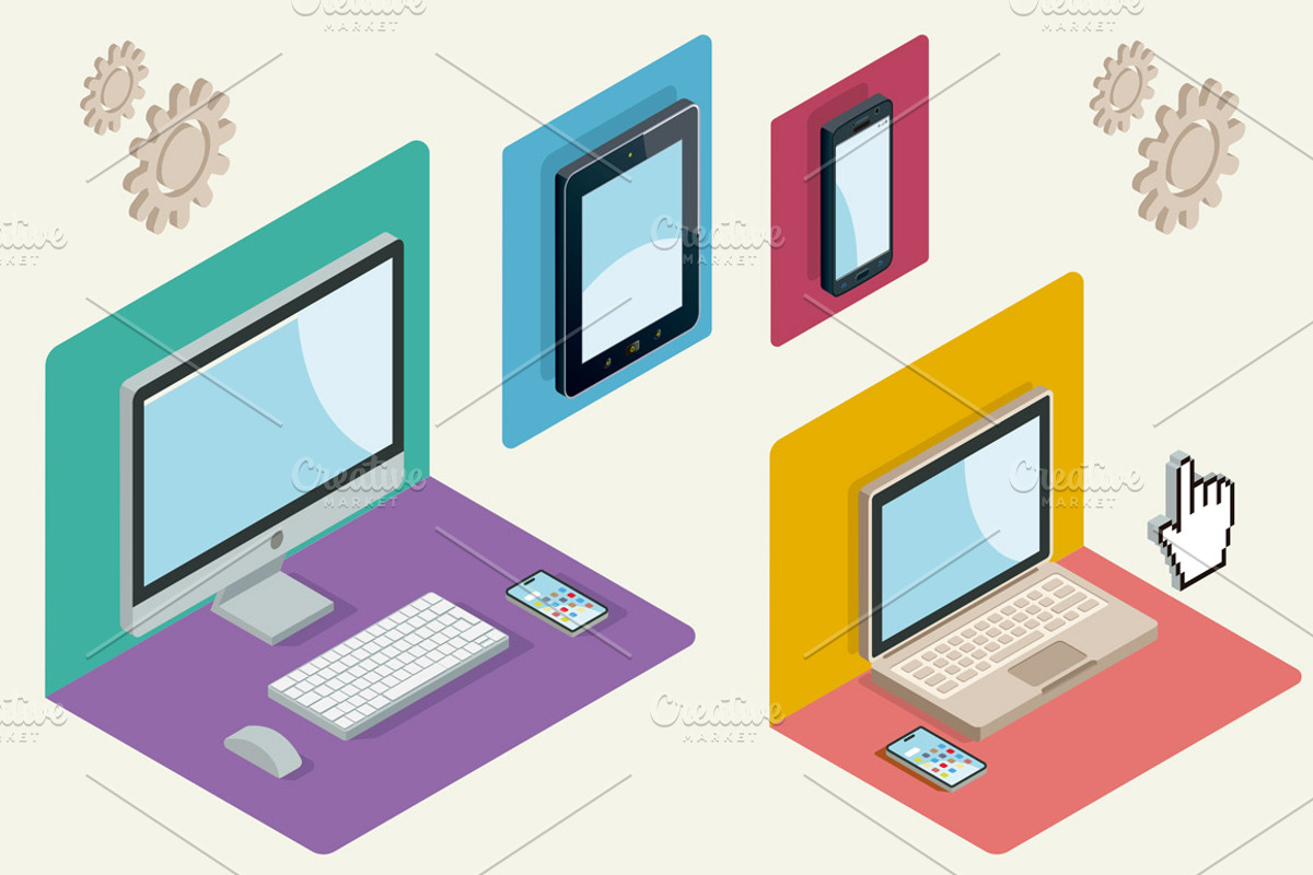 Technological Devices in Isometric, a Technology Illustration by ÁRTICA