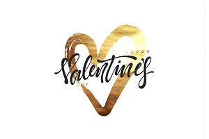 Valentines Day. Golden heart, smear paint brush with bright sparkles.