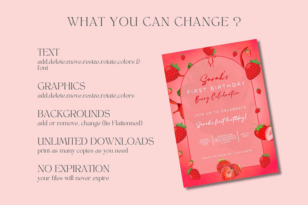 Strawberry First Birthday Invitation, an Invitation Template by InvitingStorys (Photo 9 of 10)