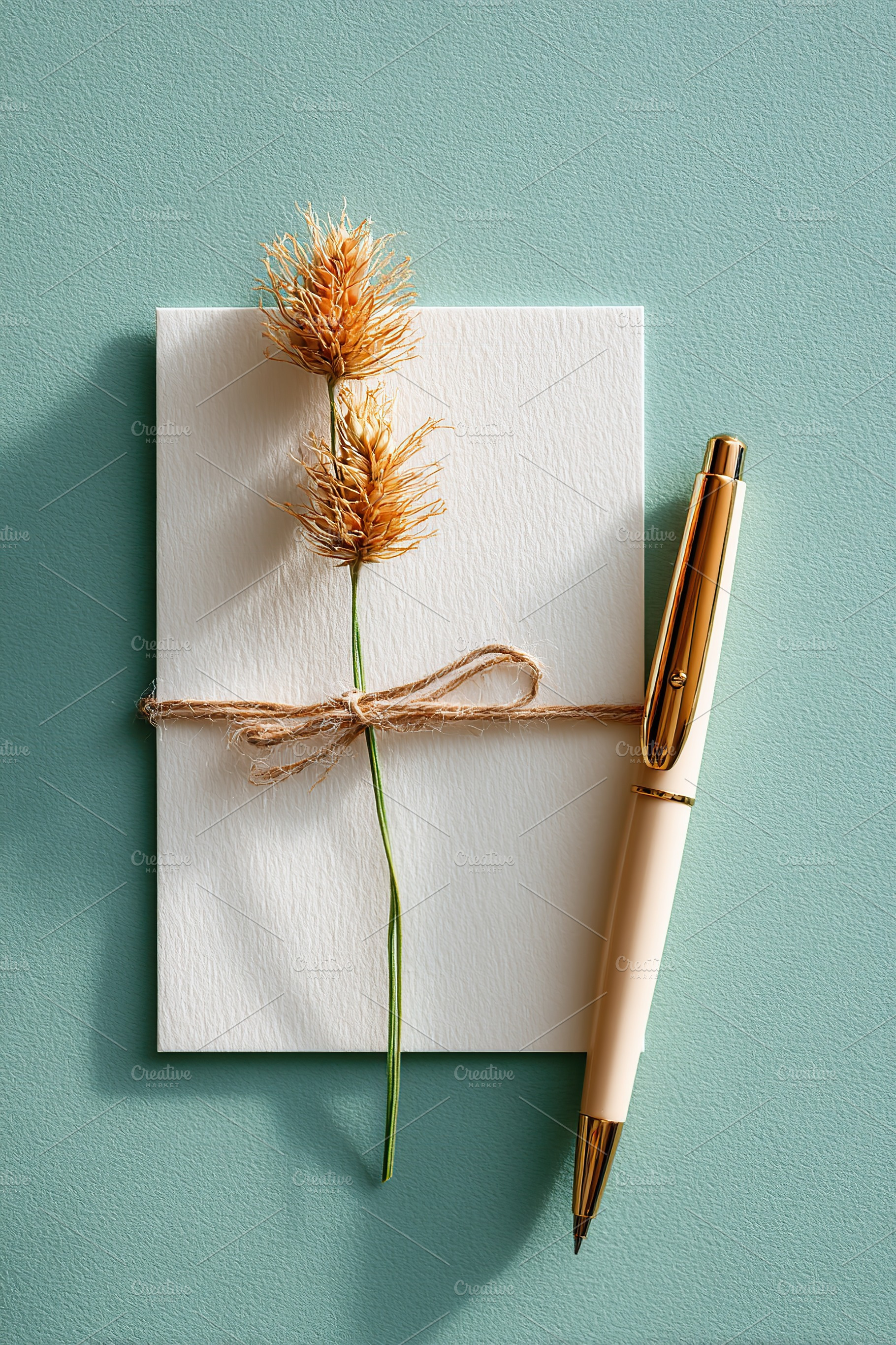 Simple note card with dried flowers and a gold pen on a teal background, a Photo by AlyaAnd