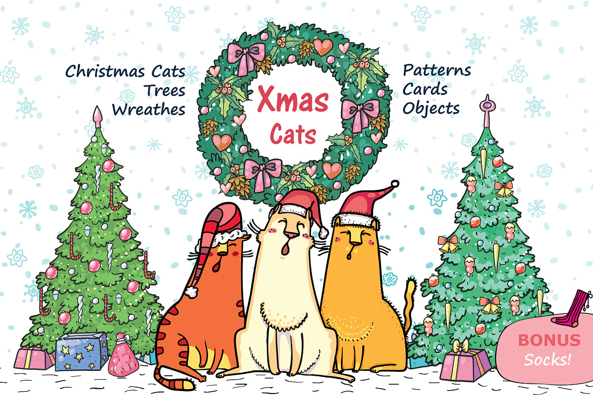 Xmas Cats: clip-art, patterns, cards, an Illustration by Zooza Art (Photo 1 of 11)