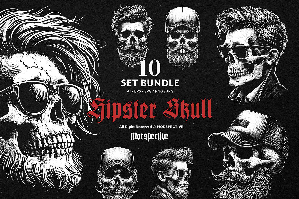10 Bundle Dark Art Hipster Skull, an Illustration by Morspective (Photo 1 of 7)