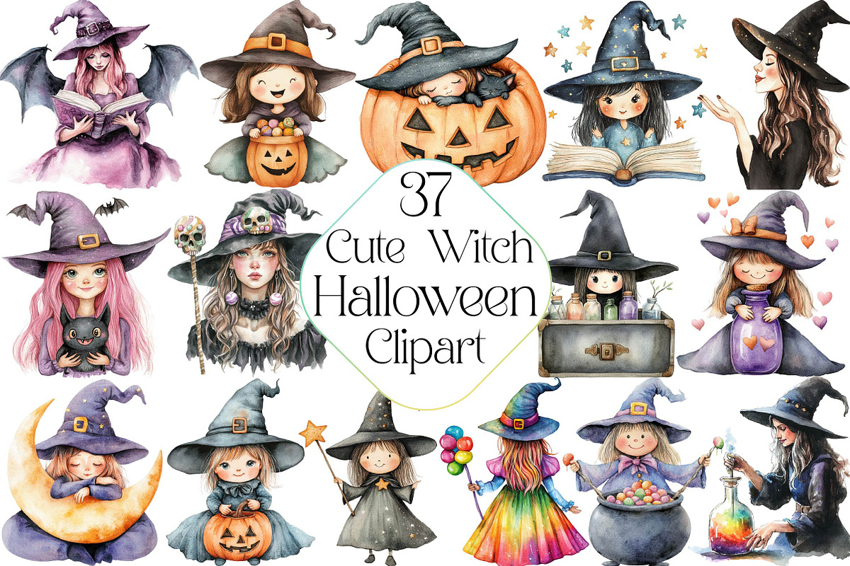 Cute Halloween Witch Clipart, an Illustration by DreamPrint404 (Photo 1 of 5)