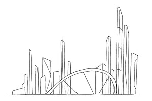 Big Bridge City Skyscraper Sketch. Hand Drawn Vector Stock Line Illustration. Building Future Architecture Landscape. Business Center.