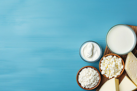 Fresh dairy products on blue background, a Food & Drink Photo by AlyaAnd