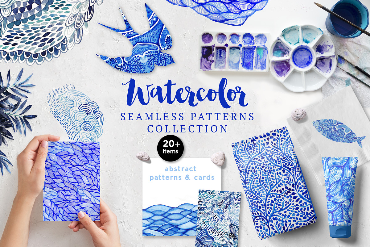 Blue watercolor background and cards, a Pattern Graphic by Markovka (Photo 1 of 8)