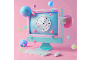 Pastel retro computer with clock, a Technology Illustration by AlexArt