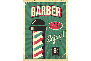 Grunge Retro Metal Sign With Barber Pole. Barbershop Flyer. Vintage Poster. Old Fashioned Design.