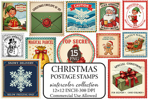 Vintage Christmas Postage Stamps PNG, an Illustration by Libby Wishes