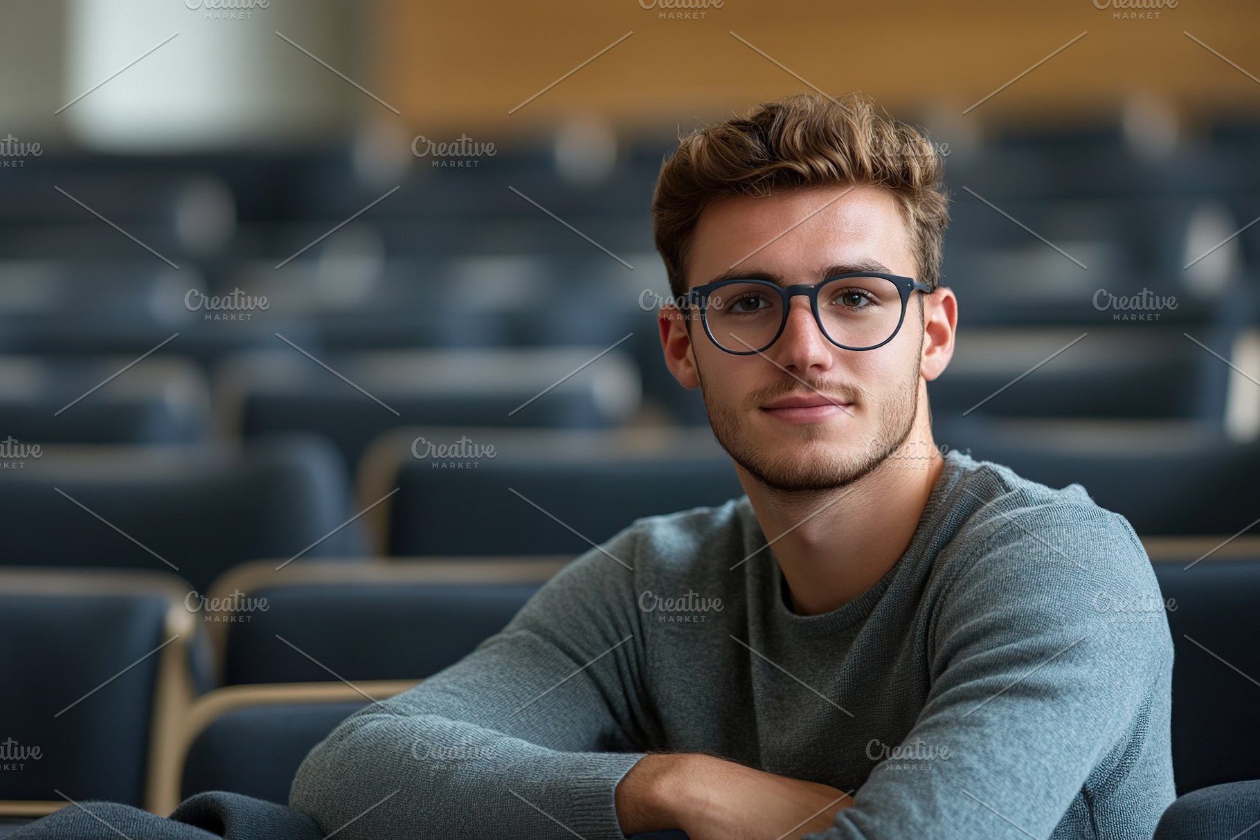 Student listens to a lecture in large auditorium, a Photo by AlyaAnd