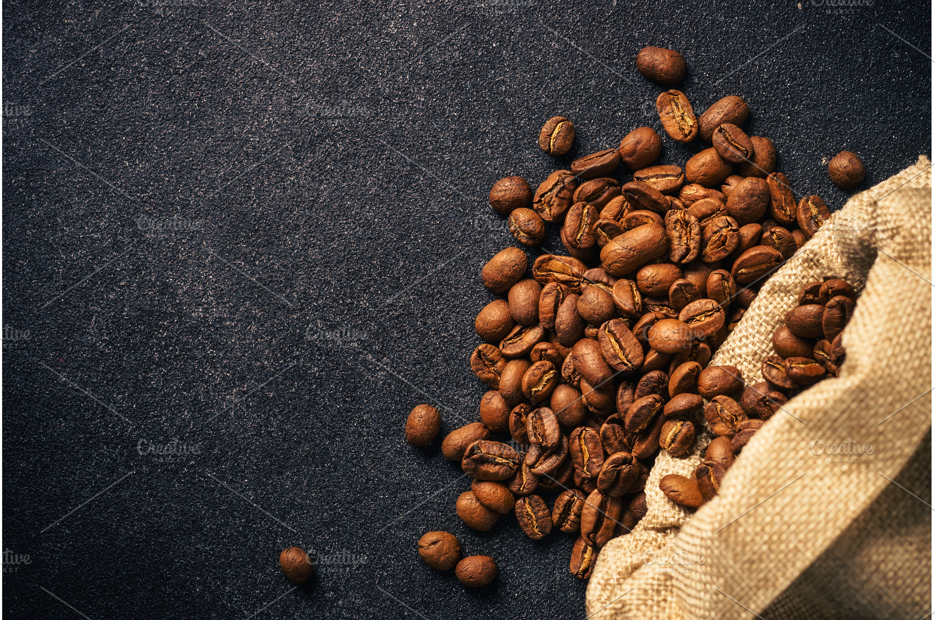 Roasted coffee beans in burlap bag., a Food & Drink Photo by Nadia-nb