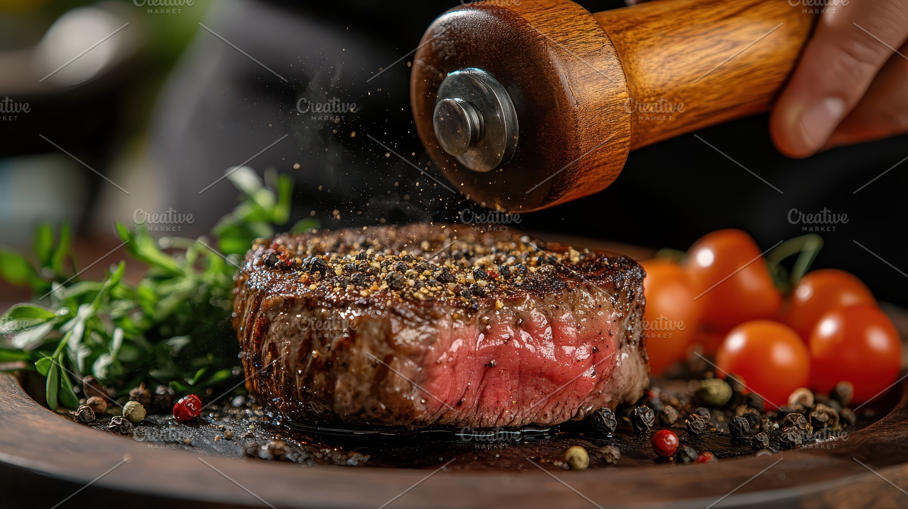 Delicious juicy steak seasoned with, a Food & Drink Photo by Pixeness Studio