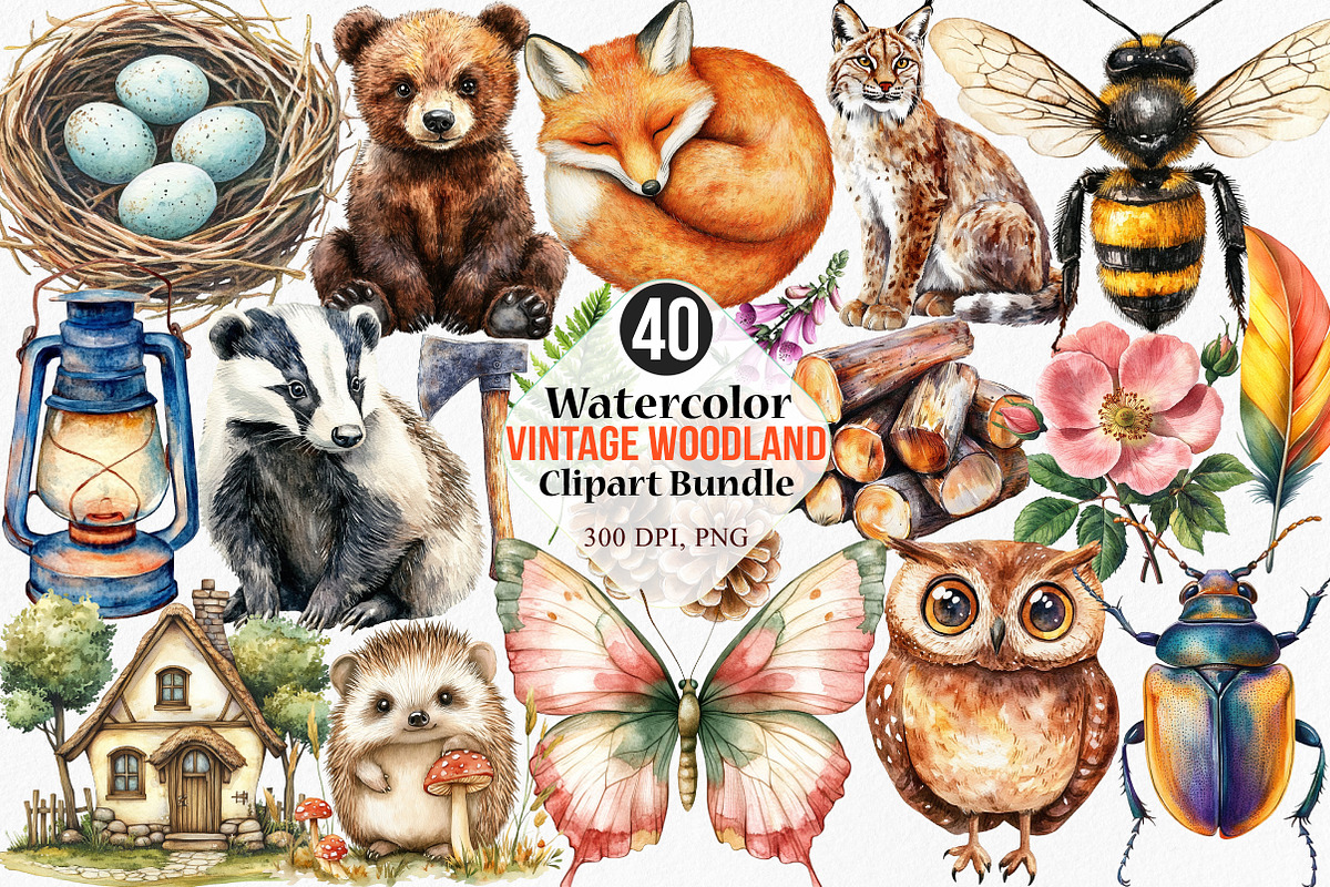 Watercolor Vintage Woodland Clipart, an Illustration by Canvas Craft (Photo 1 of 7)