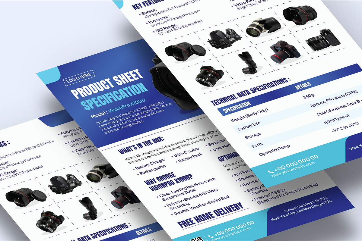 Camera Product Sheet Design, a Flyer Template by SquidPixey