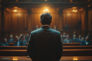 Lawyer presents case in an ornate co, a Photo by Tanuart