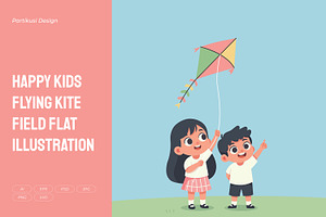 Happy Kids Flying Kite Field Flat, a Person Illustration by Partikusi Design