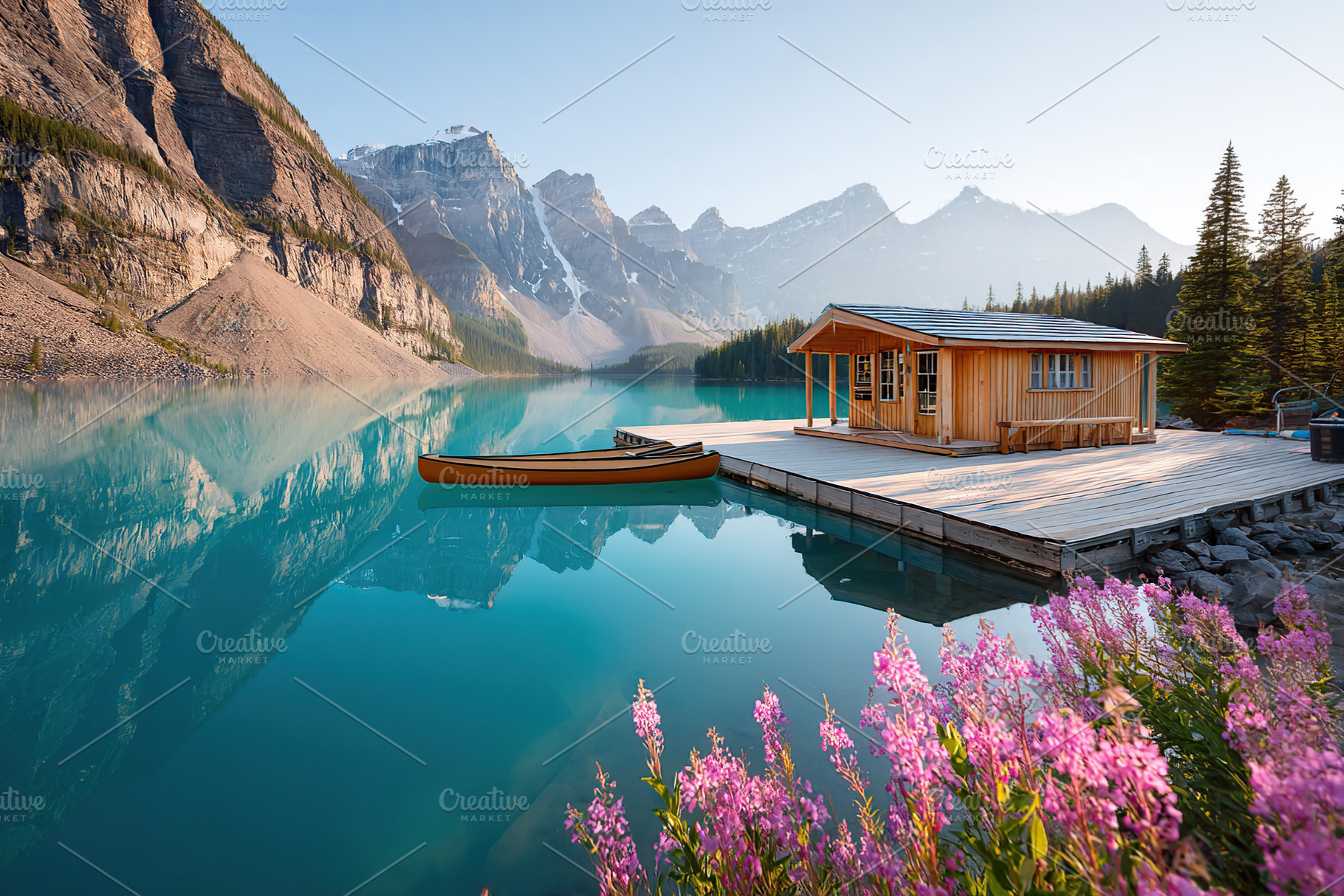 Stunning lake view with wooden cabin and boat at sunrise in the mountains, a Photo by AlyaAnd