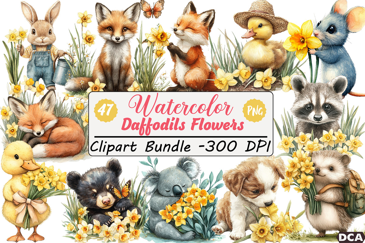 Cute Animals with Daffodils Flowers, an Illustration by DreamCafeArt (Photo 1 of 7)