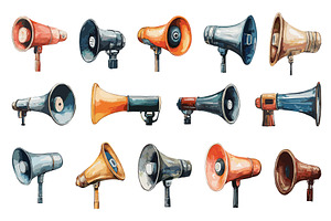 Vintage Megaphones Icons Watercolor, an Object Illustration by LadadikArt