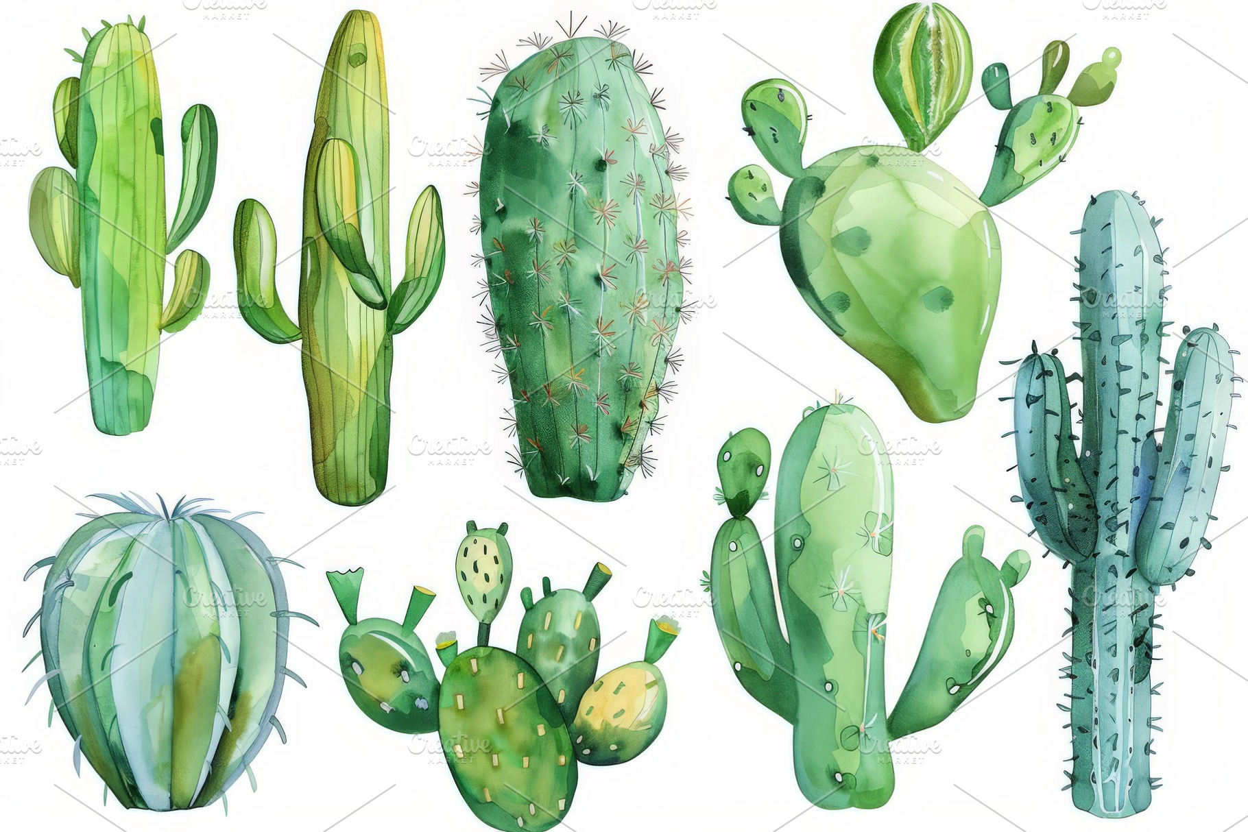 Set of Watercolor green cactus plant, an Abstract Photo by Pixeness Studio