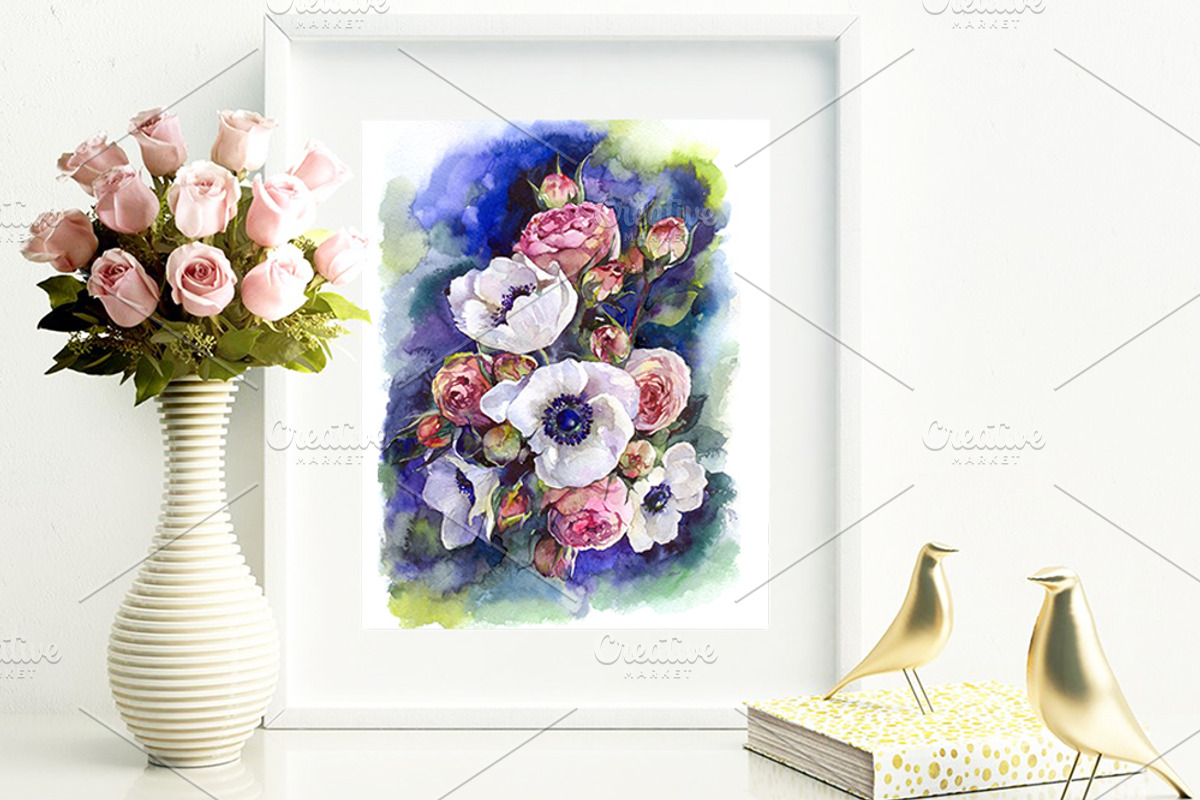 Watercolor Anemone & Roses flowers, a Decorative Illustration by MaryAmi (Photo 3 of 3)