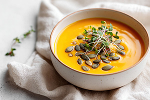Creamy pumpkin soup garnished with seeds and fresh sprouts served in a bowl, a Photo by AlyaAnd