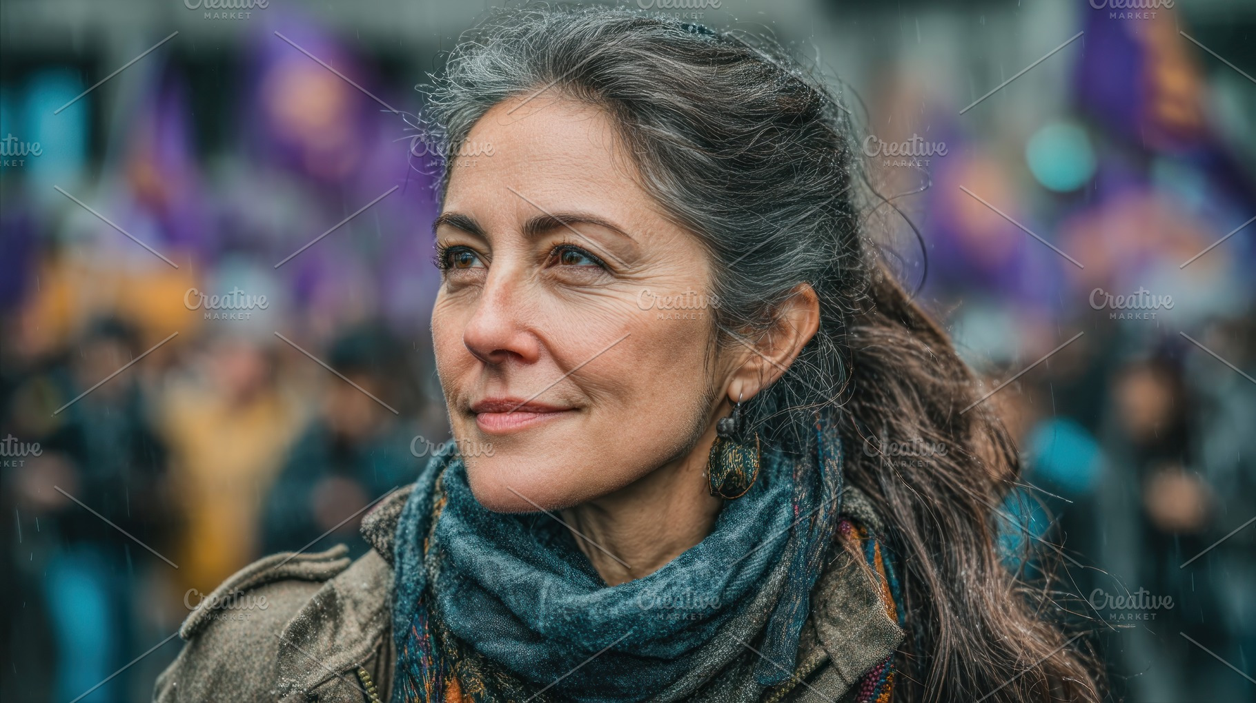 Thoughtful middle aged woman with gray hair and scarf standing o, a Person Photo by José Manuel Gelpi