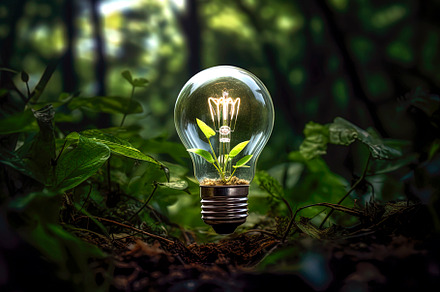 eco light bulb surrounded by fores, a Background Photo by huertas19