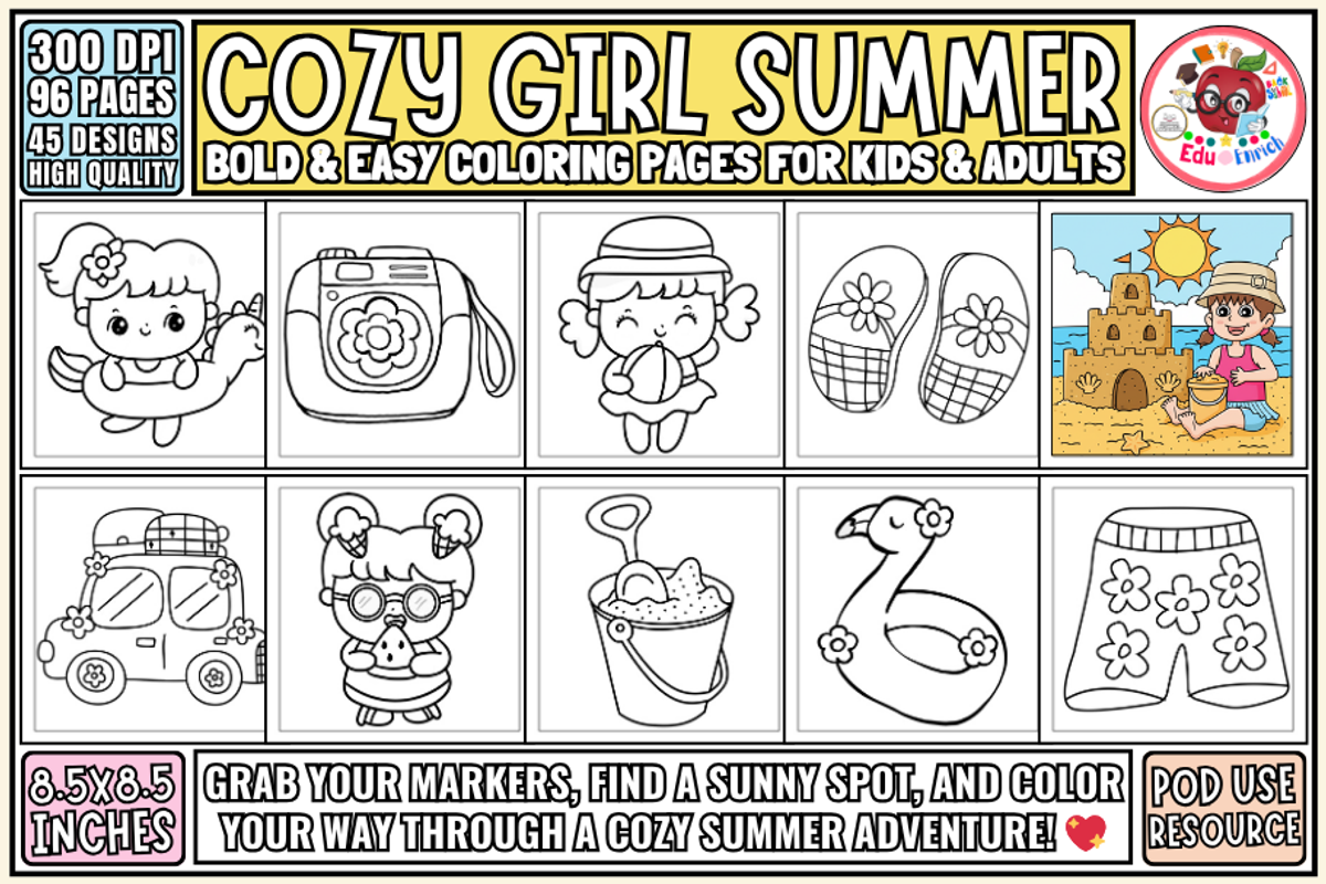 Cozy Girl Summer Coloring Pages, a Seasonal Illustration by EduEnrich (Photo 1 of 3)