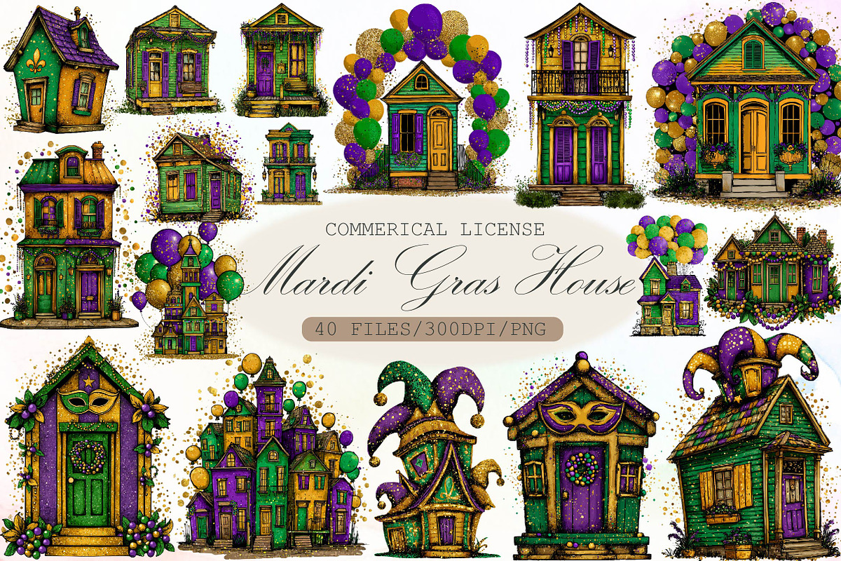 Watercolor Mardi Gras House Clipart, an Illustration by Sublimation Artist (Photo 1 of 6)