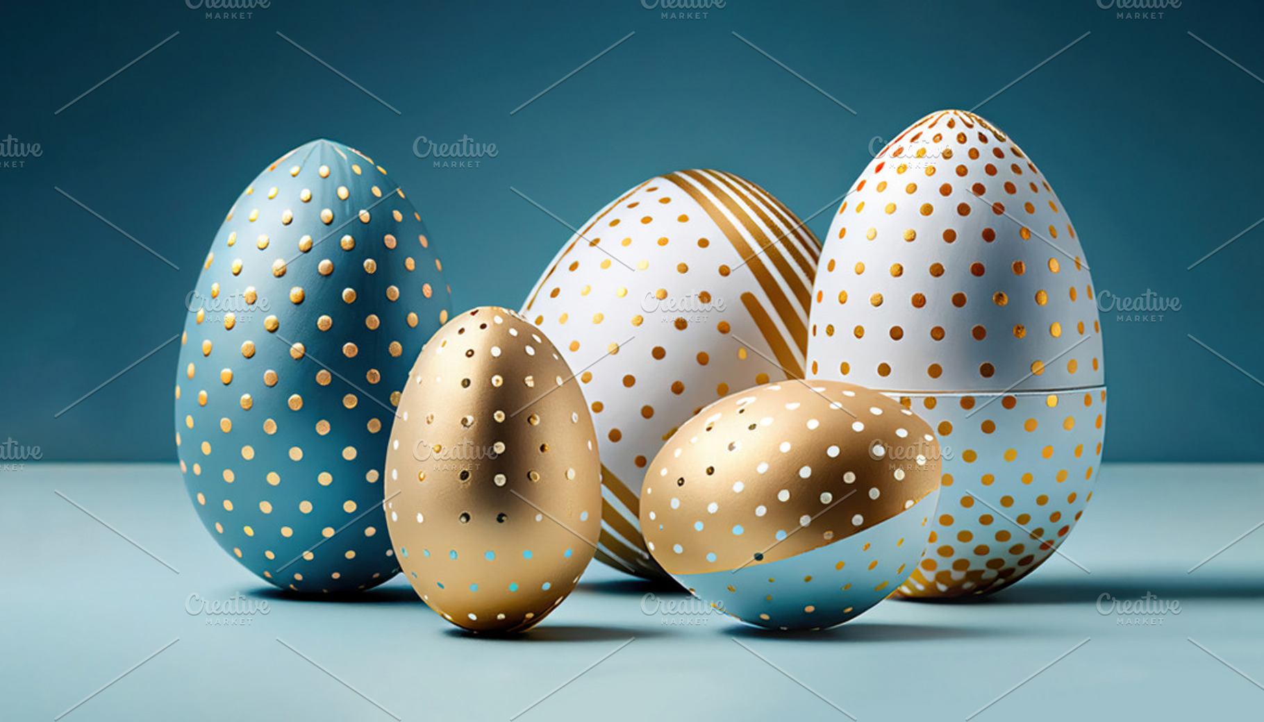Easter eggs decorated with gold and blue colors. Generative AI, a Holiday Photo by OSORIOartist