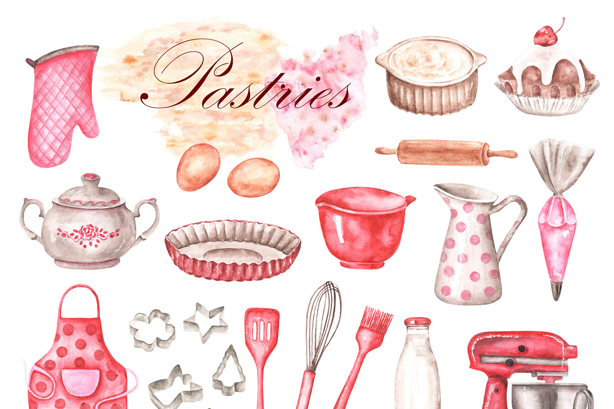 Pastries watercolor set. Baking., a Food Illustration by SabinaWatercolorArt (Photo 2 of 13)