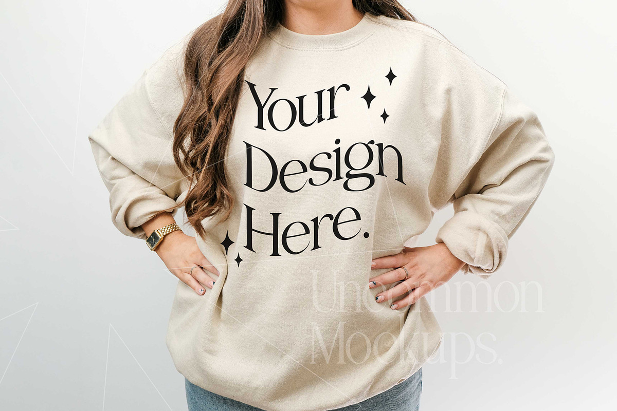 Sand Gildan 18000 Mockups x3, a Shirt Mockup by Uncommon Mockups (Photo 4 of 6)
