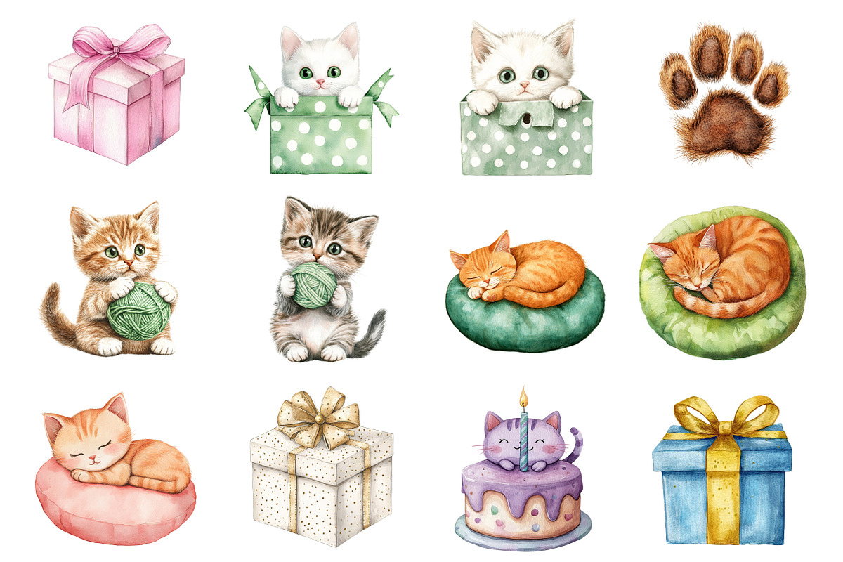 Watercolor Cats Birthday Clipart, a Seasonal Illustration by CitraGraphics (Photo 4 of 7)