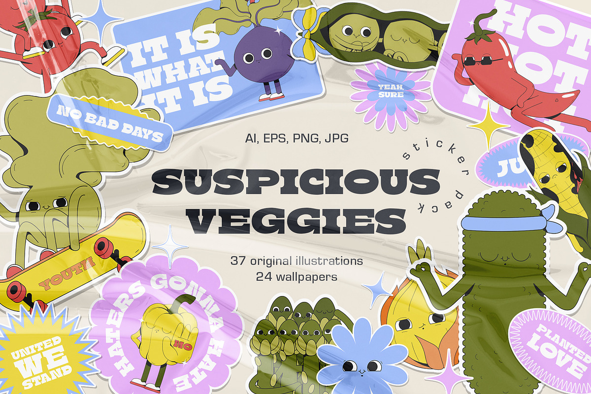 Suspicious Veggies - vector stickers, a Decorative Illustration by marmarina (Photo 1 of 11)