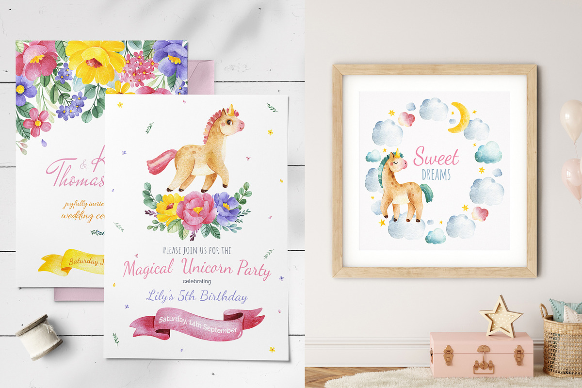 Unicorns.Cute watercolor collection, an Animal Illustration by Kate_Rina (Photo 9 of 16)