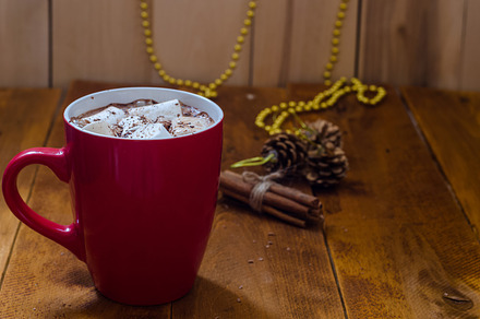 Cup of hot chocolate with cinnamon and marshmallows containing background